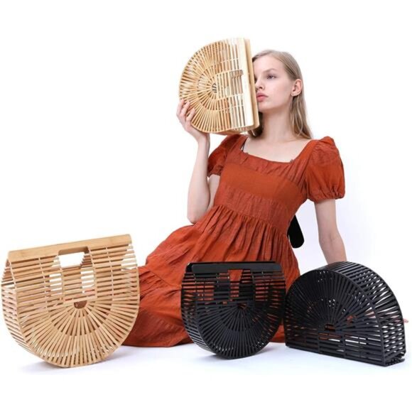 Womens Bamboo Handbag Handmade Large Tote Bag Straw Beach Bags Beach Purse - Picture 4 of 7